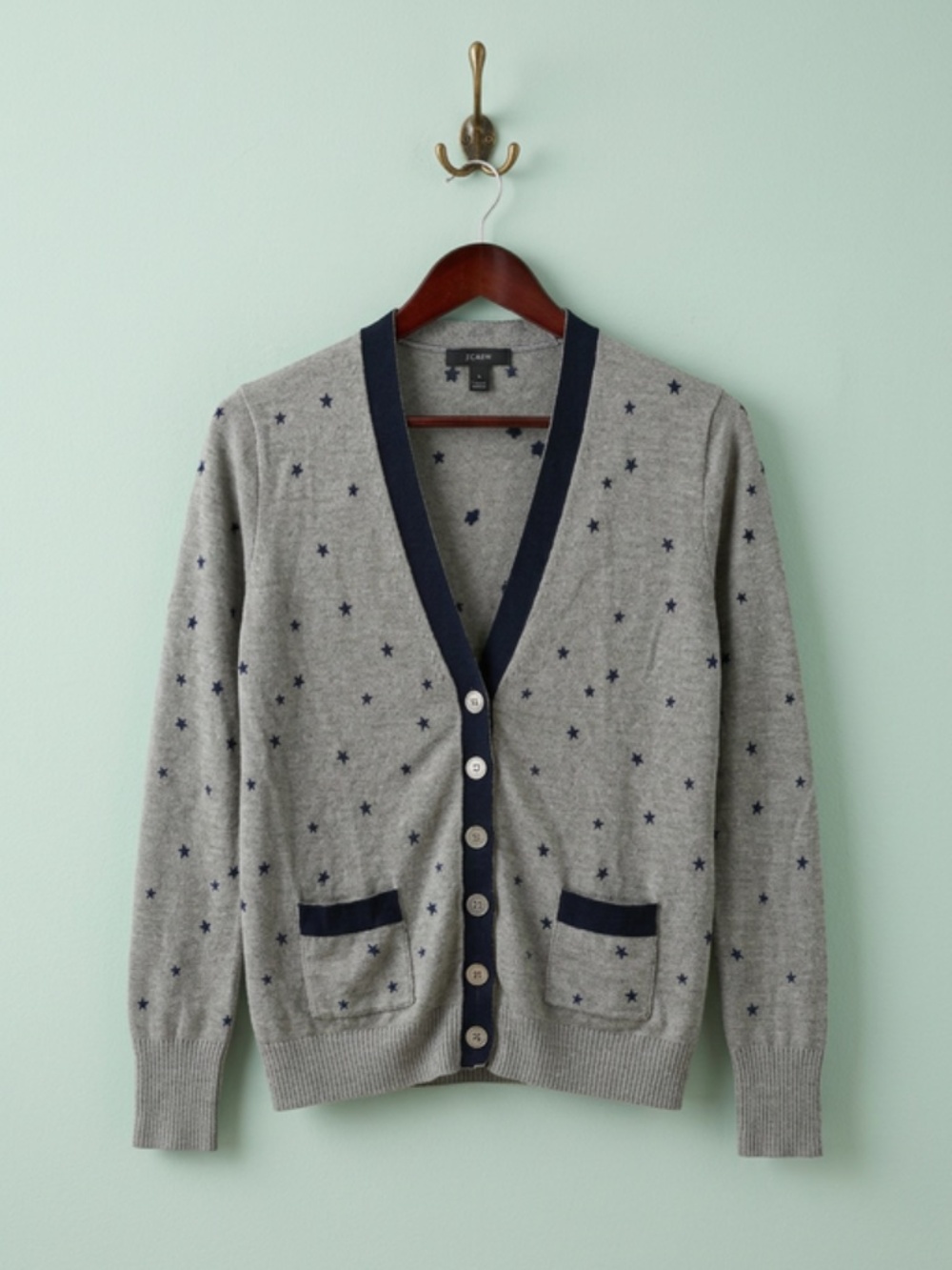 J.Crew Harlow Grey Star Embroidered Merino Wool Cardigan Navy Trim S